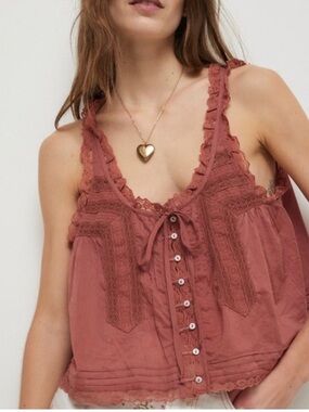 Free People Lace-Trim Button-Front Rust Camisole